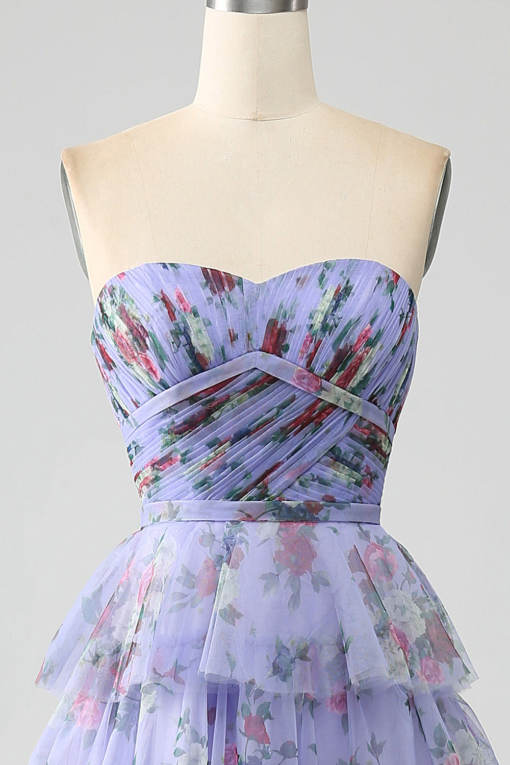 Lavender A-Line Off the Shoulder Floral Printed Tiered Prom Dress with Pleated