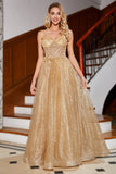 Golden Glitter A-Line Spaghetti Straps Corset Long Prom Dress With Sequins