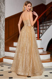 Golden Glitter A-Line Spaghetti Straps Corset Long Prom Dress With Sequins