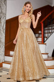 Golden Glitter A-Line Spaghetti Straps Corset Long Prom Dress With Sequins