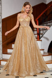 Golden Glitter A-Line Spaghetti Straps Corset Long Prom Dress With Sequins