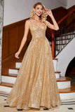 Golden Glitter A-Line Spaghetti Straps Corset Long Prom Dress With Sequins