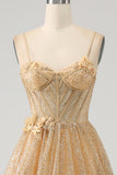 Glitter Golden A-Line Spaghetti Straps Corset Long Prom Dress with Flowers