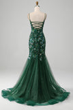 Dark Green Mermaid Lace-Up Back Prom Dress with Butterflies Appliques