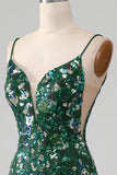 Dark Green Mermaid Lace-Up Back Prom Dress with Butterflies Appliques