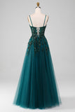 Dark Green A Line Spaghetti Straps Sparkly Prom Dress with Slit