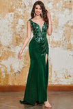 Dark Green Mermaid Sparkly Long Appliqued Prom Dress with Slit