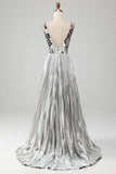 Sparkly Silver A-Line V-Neck Pleated Prom Dress with Slit