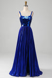 Sparkly Royal Blue A-Line Lace-Up Back Pleated Prom Dress with Slit