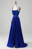 Sparkly Royal Blue A-Line Lace-Up Back Pleated Prom Dress with Slit