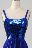 Sparkly Royal Blue A-Line Lace-Up Back Pleated Prom Dress with Slit