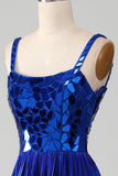 Sparkly Royal Blue A-Line Lace-Up Back Pleated Prom Dress with Slit