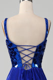 Sparkly Royal Blue A-Line Lace-Up Back Pleated Prom Dress with Slit