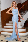 Stylish Light Blue Mermaid Spaghetti Straps Long Prom Dress with Appliques