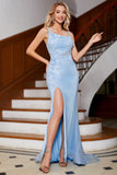 Stylish Light Blue Mermaid Spaghetti Straps Long Prom Dress with Appliques