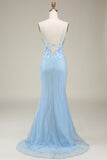 Stylish Light Blue Mermaid Long Prom Dress with Appliques