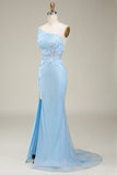 Stylish Light Blue Mermaid Long Prom Dress with Appliques