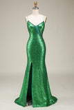Sparkly Mermaid Spaghetti Straps Green Sequins Prom Dress with Split Front