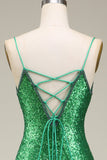 Sparkly Mermaid Spaghetti Straps Green Sequins Prom Dress with Split Front