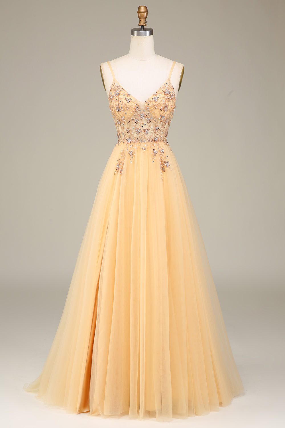 Charming Golden A Line Spaghetti Straps Long Prom Dress with Beading
