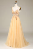 Charming Golden A Line Spaghetti Straps Long Prom Dress with Beading