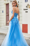 Gorgeous Blue A Line Spaghetti Straps Long Prom Dress with Appliques