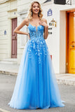 Gorgeous Blue A Line Spaghetti Straps Long Prom Dress with Appliques