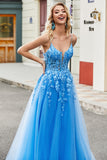 Gorgeous Blue A Line Spaghetti Straps Long Prom Dress with Appliques