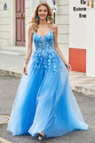Gorgeous Blue A Line Spaghetti Straps Long Prom Dress with Appliques