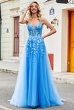 Gorgeous Blue A Line Spaghetti Straps Long Prom Dress with Appliques