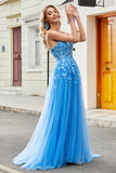 Gorgeous Blue A Line Spaghetti Straps Long Prom Dress with Appliques