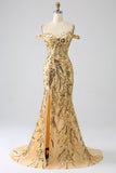 Sparkly Champagne Mermaid Off The Shoulder Corset Prom Dress with Slit