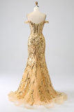 Sparkly Champagne Mermaid Off The Shoulder Corset Prom Dress with Slit