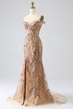 Sparkly Champagne Mermaid Off The Shoulder Corset Prom Dress with Slit