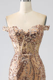 Sparkly Champagne Mermaid Off The Shoulder Corset Prom Dress with Slit