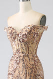 Sparkly Champagne Mermaid Off The Shoulder Corset Prom Dress with Slit