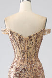 Sparkly Champagne Mermaid Off The Shoulder Corset Prom Dress with Slit