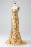 Sparkly Champagne Mermaid Off The Shoulder Corset Prom Dress with Slit