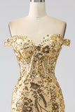 Sparkly Champagne Mermaid Off The Shoulder Corset Prom Dress with Slit