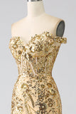 Sparkly Champagne Mermaid Off The Shoulder Corset Prom Dress with Slit