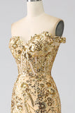 Mermaid Off The Shoulder Sparkly Golden Corset Prom Dress with Slit