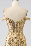 Sparkly Champagne Mermaid Off The Shoulder Corset Prom Dress with Slit