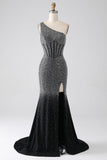 Sparkly Black Mermaid One Shoulder Corset Prom Dress With Slit