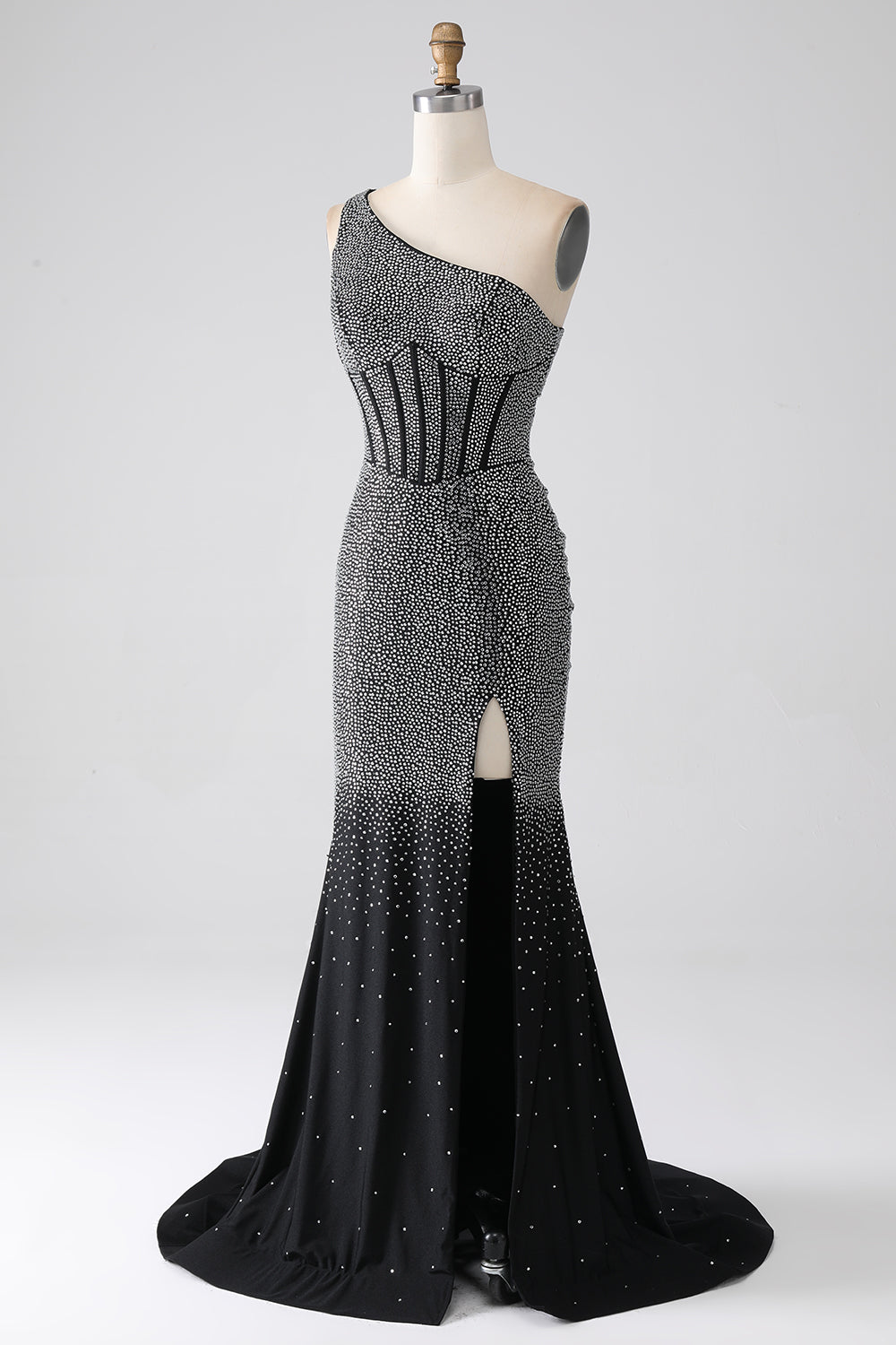 Sparkly Black Mermaid One Shoulder Corset Prom Dress With Slit