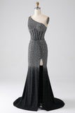 Sparkly Black Mermaid One Shoulder Corset Prom Dress With Slit