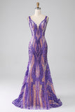 Dark Purple Mermaid V Neck Long Sparkly Prom Dress With Sequins