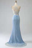 Sparkly Blue Mermaid Long Beaded Prom Dress with Slit