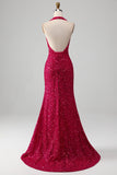 Fuchsia Mermaid Halter Backless Sparkly Sequin Prom Dress With Slit