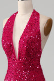Fuchsia Mermaid Halter Backless Sparkly Sequin Prom Dress With Slit