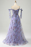 Lavender A-Line Off The Shoulder Floral Print Pleated Tulle Prom Dress